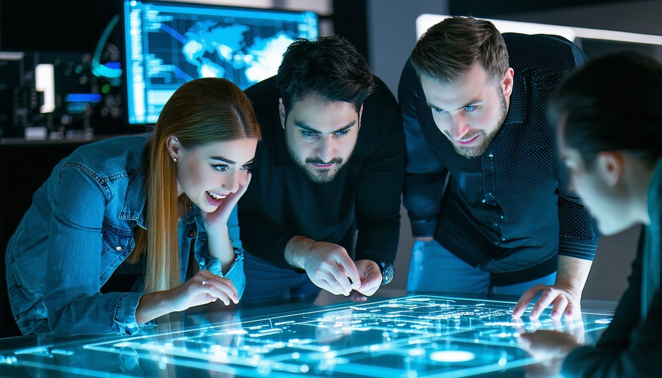 Technology company team collaborating on a project